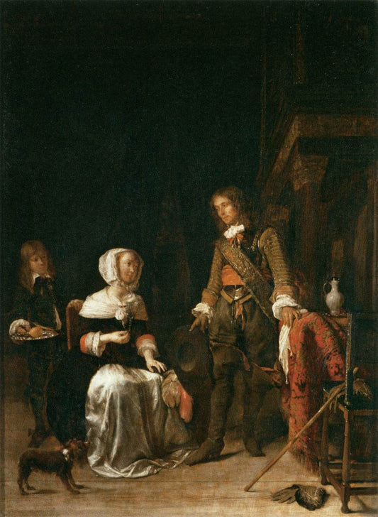Soldier Paying a Visit to a Young Lady, vintage artwork by Gabriël Metsu, 12x8" (A4) Poster