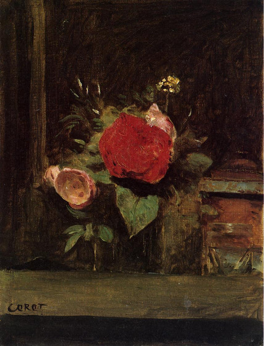 Bouquet of Flowers in a Vase next to a Pot of Tobacco, vintage artwork by Jean-Baptiste-Camille Corot, A3 (16x12") Poster Print