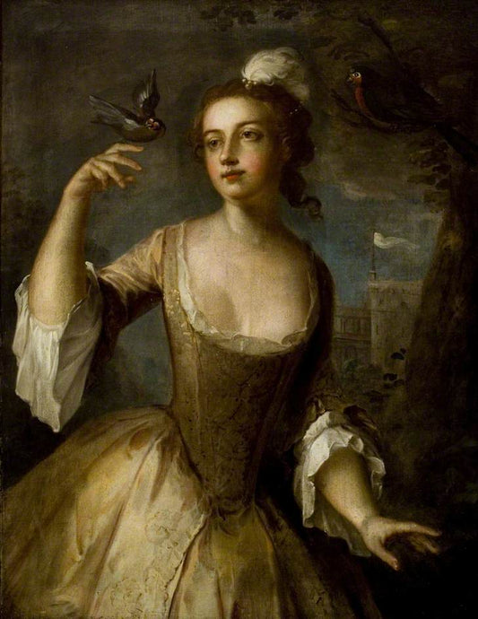 Young Woman with Goldfinch, vintage artwork by Philipe Mercier, 12x8" (A4) Poster