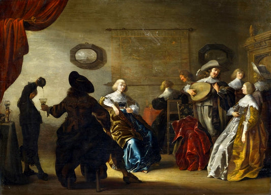 Interior with elegant company making music, vintage artwork by Anthonie Palamedesz, 12x8" (A4) Poster