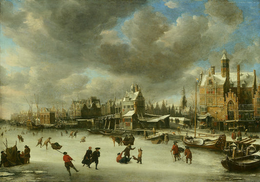 The Post House Seen from the New Bridge in Winter, vintage artwork by Jan Abrahamsz Beerstraten, 12x8" (A4) Poster