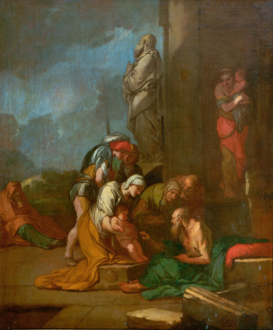 Nymph Liriope Brings Her Son Narcissus to Tiresias, vintage artwork by Giulio Carpioni, 12x8" (A4) Poster
