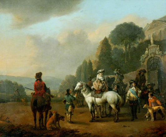 A Party of Falconers Outside the Gates to a Chȃteau, vintage artwork by Johannes Lingelbach, 12x8" (A4) Poster