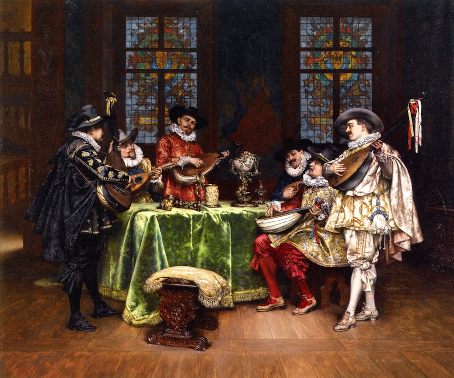 Interior with Troubadours, vintage artwork by Adolphe Alexander Lesrel, 12x8" (A4) Poster