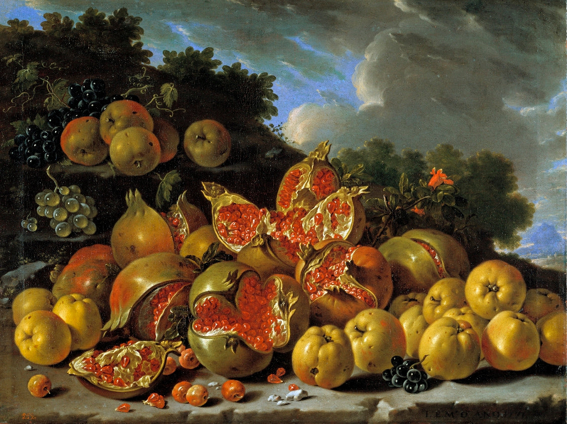 Still Life with Pomegranates, Apples, Cherries and Grapes in a Landscape, vintage artwork by Luis Melendez, 12x8" (A4) Poster