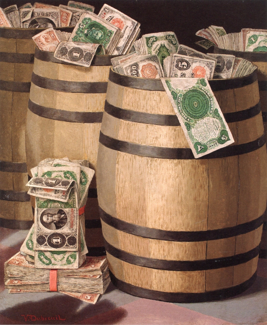 Barrels of Money, vintage artwork by Victor Dubreuil, 12x8" (A4) Poster