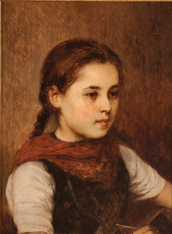 Portrait of a Girl with Red Scarf, vintage artwork by Hugo Oehmichen, 12x8" (A4) Poster