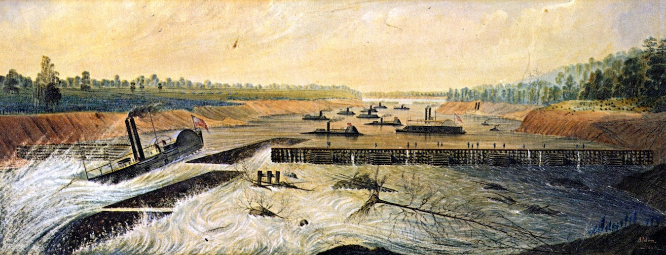 Admiral Porter's Fleet Passing over the Dam, vintage artwork by James Madison Alden, 12x8" (A4) Poster