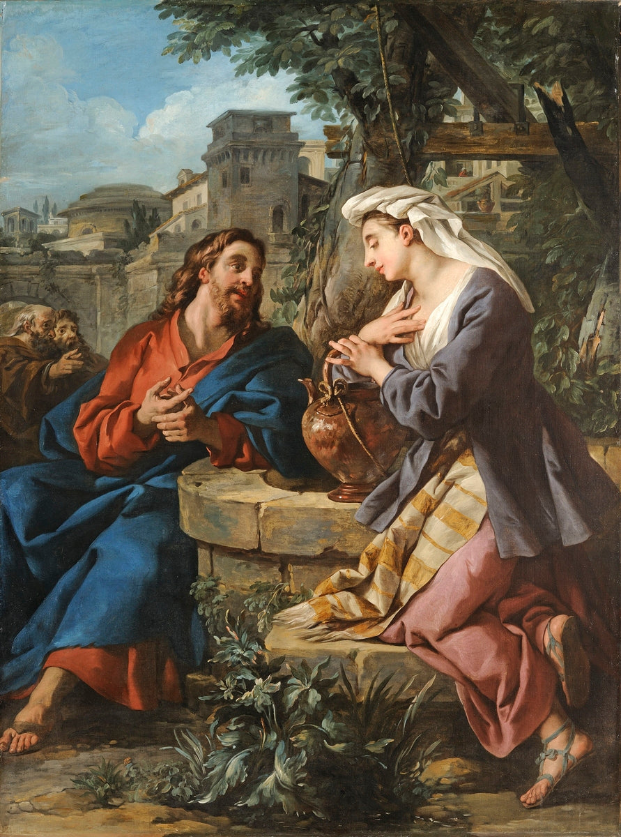 Christ and the Samaritan Woman, vintage artwork by Jean-François de Troy, 12x8" (A4) Poster