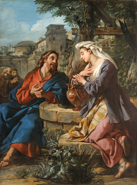 Christ and the Samaritan Woman, vintage artwork by Jean-François de Troy, 12x8" (A4) Poster