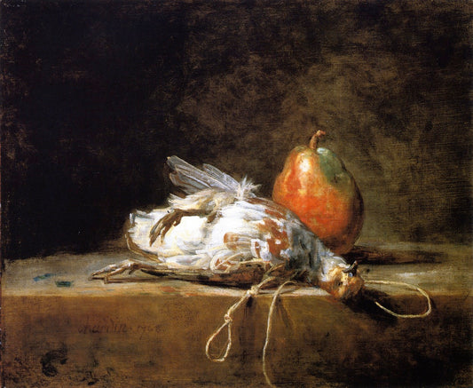 Grey Partridge, Pear and Snare on a Stone Table, vintage artwork by Jean-Baptiste-Simeon Chardin, 12x8" (A4) Poster