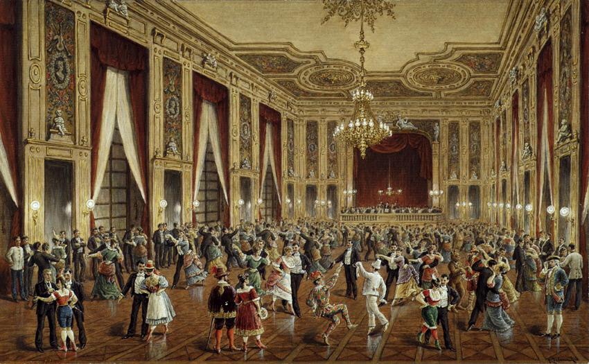 Masked Ball in Schwender's Colloseum, vintage artwork by Gustav Zafaurek, 12x8" (A4) Poster