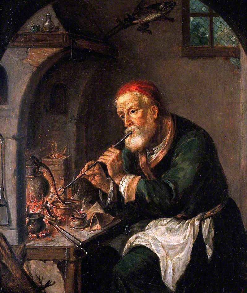 An Alchemist Blowing on a Fire to Heat a Still, vintage artwork by Attributed to Christian Wilhelm Ernst Dietrich, 12x8" (A4) Poster