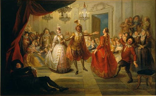 Story of Don Quixote - Don Quixote Dancing at the Ball in Barcelona, vintage artwork by Charles-Antoine Coypel IV, 12x8" (A4) Poster