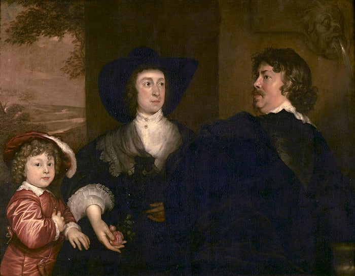 The portrait painter Jonson van Ceulen, Elizabeth Beke and their son Cornelus, vintage artwork by Adriaen Hanneman, 12x8