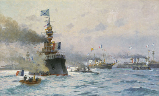 The Arrival of French Warships in Kronstadt, vintage artwork by Mikhail Tkachenko, 12x8" (A4) Poster