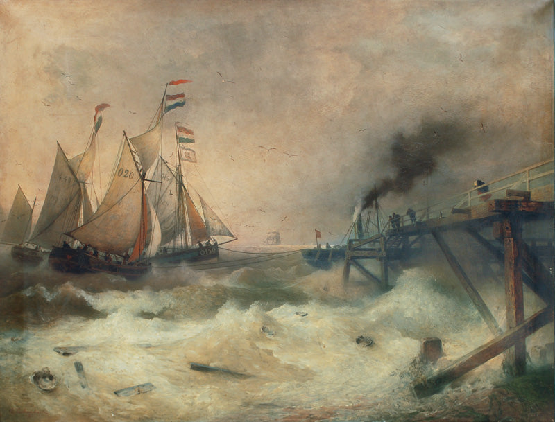 Fisherboats and Steam Vessels at the Pier of Ostende, vintage artwork by Andreas Achenbach, A3 (16x12") Poster Print