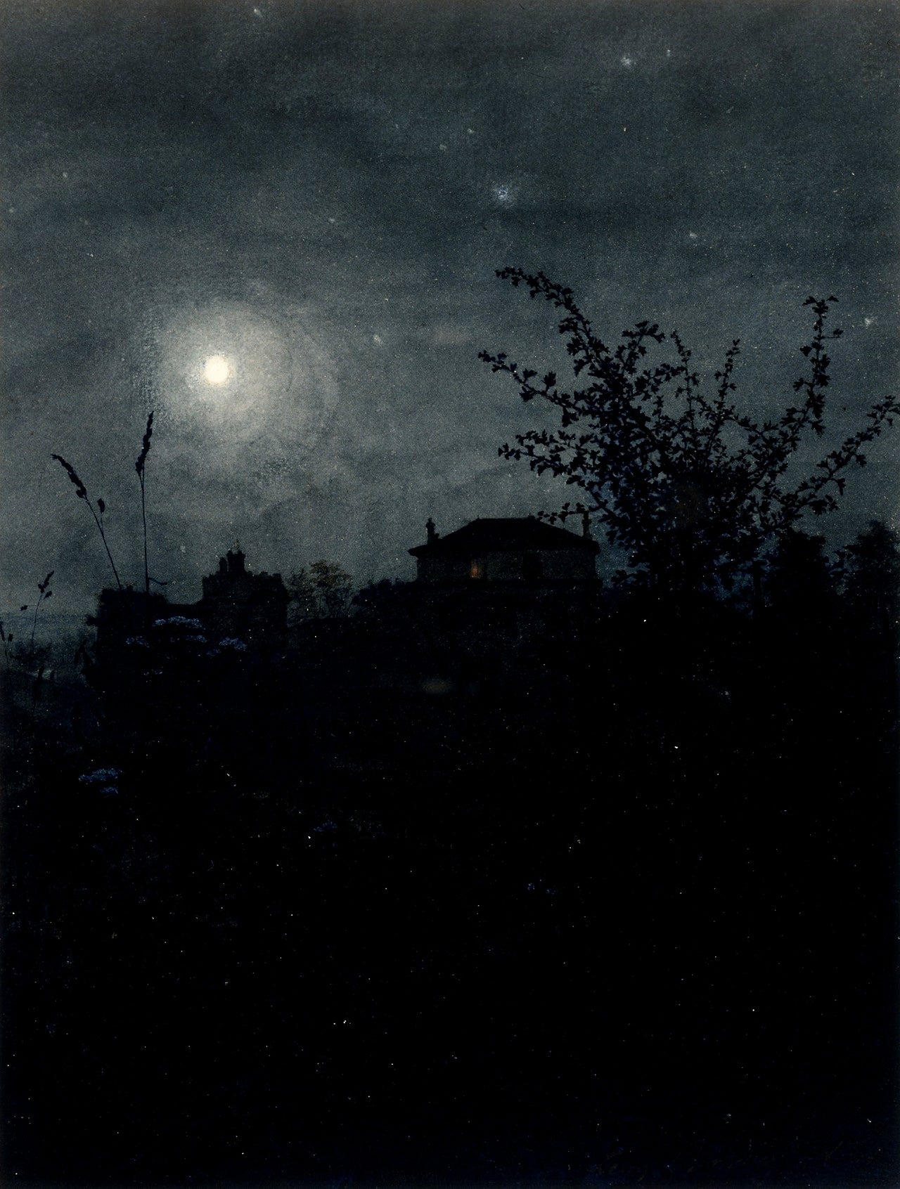 Moonlight Scene, Houses in the Background, vintage artwork by Leon Bonvin, 12x8" (A4) Poster