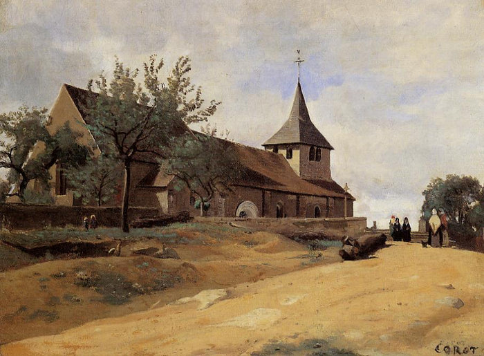 The Church at Lormes, vintage artwork by Jean-Baptiste-Camille Corot, A3 (16x12