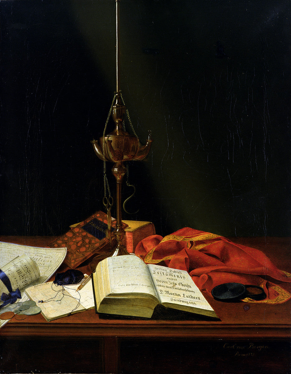 Still Life with Bible, vintage artwork by Carl von Bergen, A3 (16x12") Poster Print