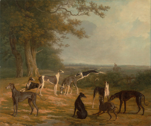 Nine Greyhounds in a Landscape, vintage artwork by Jacques-Laurent Agasse, 12x8" (A4) Poster