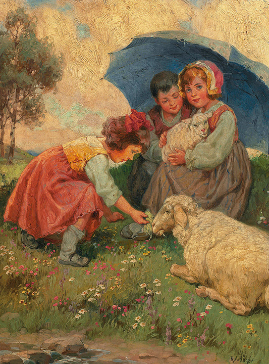 Children with sheep on the summer meadow, vintage artwork by Rudolf Alfred Höger, 12x8" (A4) Poster