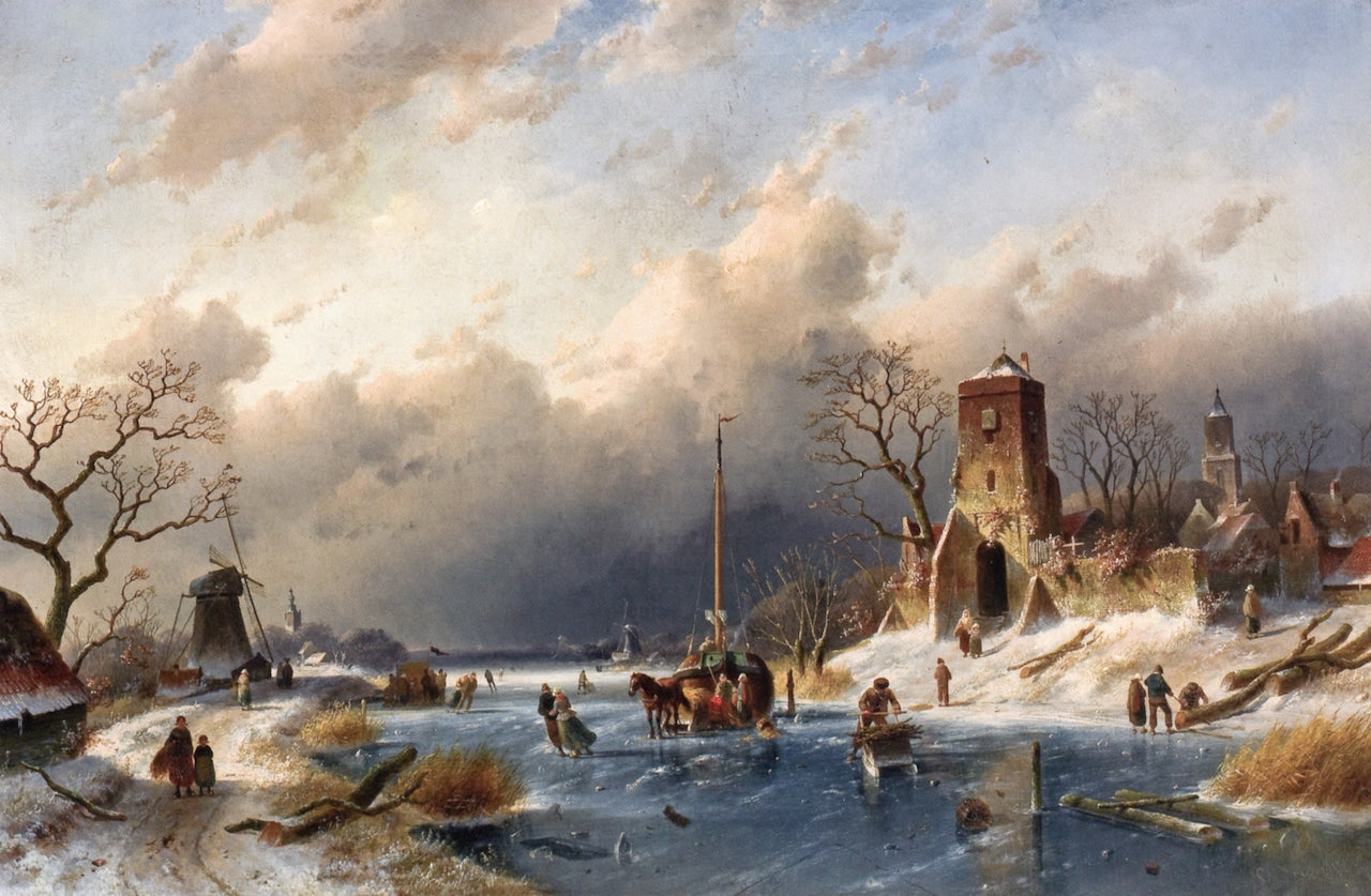 Skaters near a Windmill, vintage artwork by Charles Henri Joseph Leickert, A3 (16x12") Poster Print