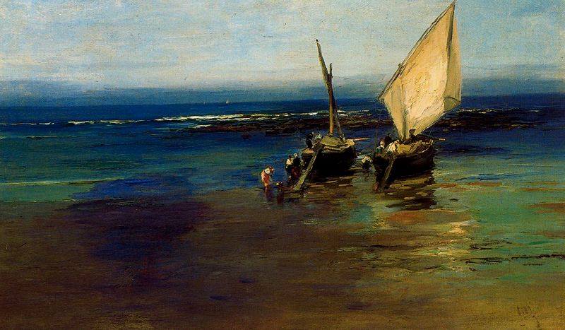 Gabarra esperando la marea. Playa de Arrigunaga, vintage artwork by Jaime Morera y Galicia, 12x8" (A4) Poster