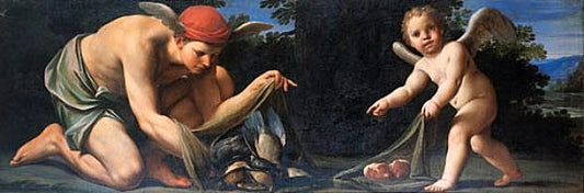 Mercury Snares Birds, Cupid Hearts, vintage artwork by Marcantonio Franceschini, 12x8" (A4) Poster