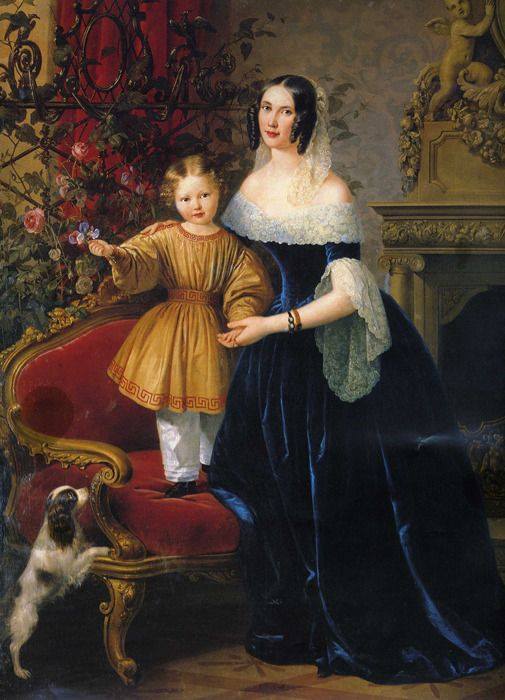 Lady with a Little Girl and Dog, vintage artwork by Karl Pavlovich Brulloff, A3 (16x12") Poster Print