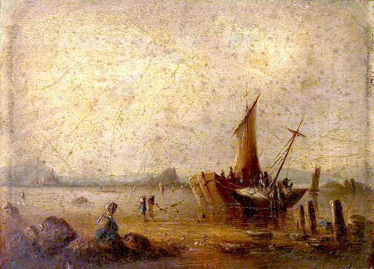 Coast Scene with Figures and Boats, vintage artwork by George Clint, 12x8" (A4) Poster