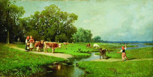 A herd at a watering place, vintage artwork by Petr Sukhodolsky, 12x8" (A4) Poster