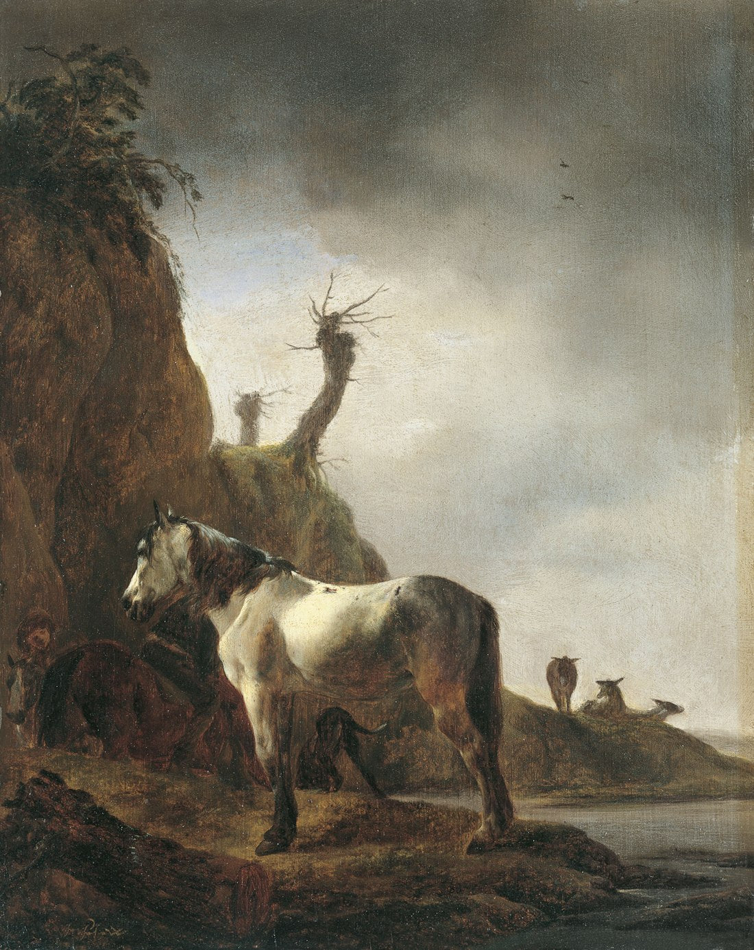 Horse by  a Riverbank, vintage artwork by Philips Wouwerman, 12x8" (A4) Poster