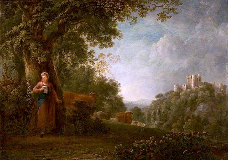 Romantic Landscape with Cattle and a Milkmaid, vintage artwork by Anthony Devis, 12x8" (A4) Poster