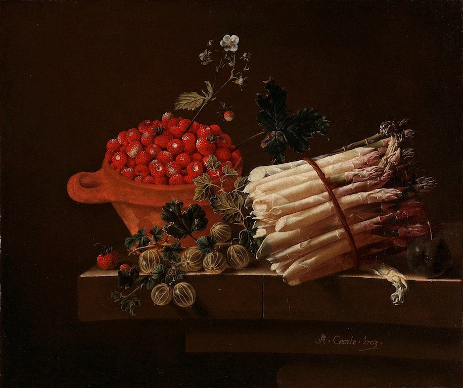 A Pot of Strawberries, Gooseberries, and a Bundle of Asparagus on a Stone Plinth, vintage artwork by Adriaen Coorte, 12x8" (A4) Poster