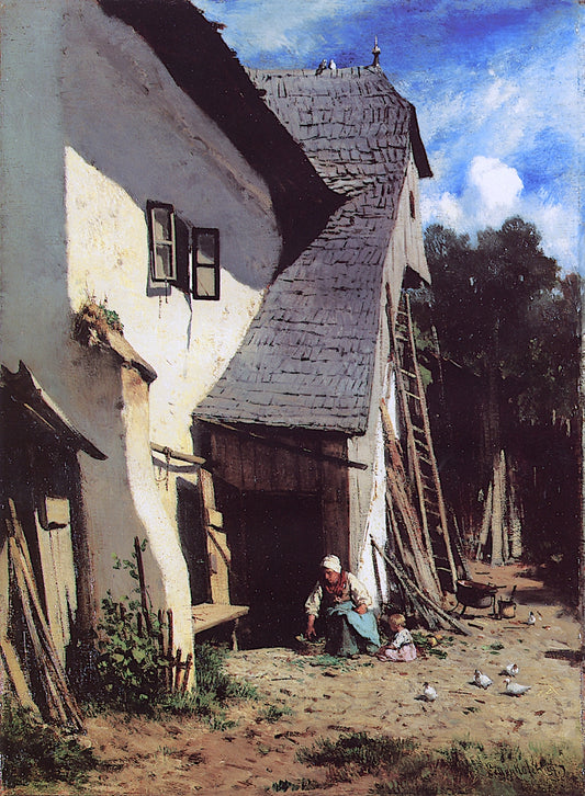 Klosterneuburg Farmhouse with Peasant Woman and Child, vintage artwork by August Xaver Carl Ritter von Pettenkofen, 12x8" (A4) Poster