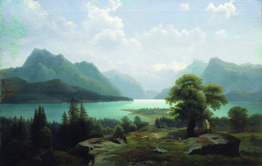 Lake in the Mountains, vintage artwork by Mikhail Konstantinovich Klodt, 12x8" (A4) Poster