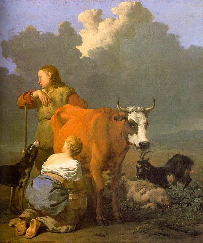 Woman Milking a Cow, vintage artwork by Carel Dujardin, 12x8" (A4) Poster