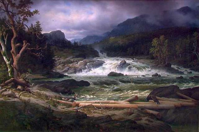Labro waterfall at Kongsberg, vintage artwork by Thomas Fearnley, A3 (16x12") Poster Print