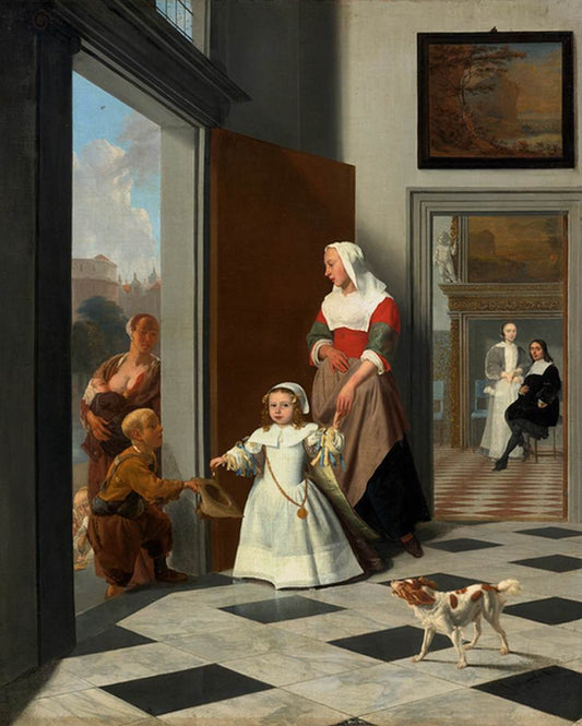 Child and Nurse in the Entrance of a Town House, vintage artwork by Jacob Ochtervelt, 12x8" (A4) Poster