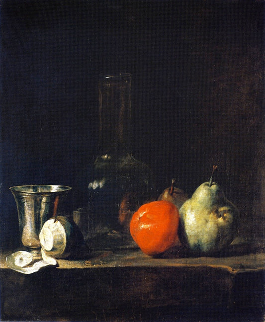Carafe of Water, Silver Goblet, Peeled Lemon, Apple and Pears, vintage artwork by Jean-Baptiste-Simeon Chardin, 12x8" (A4) Poster
