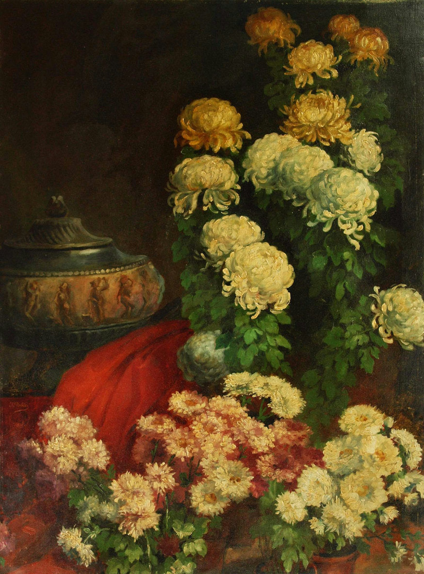 Still life on red draped cloth, vintage artwork by Jean Baptiste Robie, A3 (16x12") Poster Print