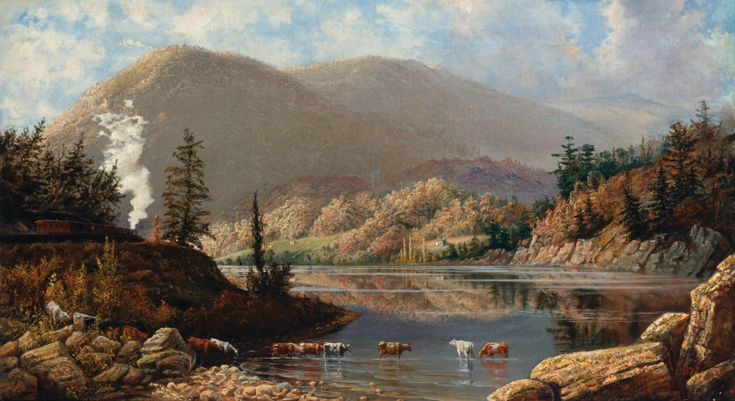 River Landscape with Cows Wading and a Train Passing by , vintage artwork by William Lees Judson, 12x8" (A4) Poster