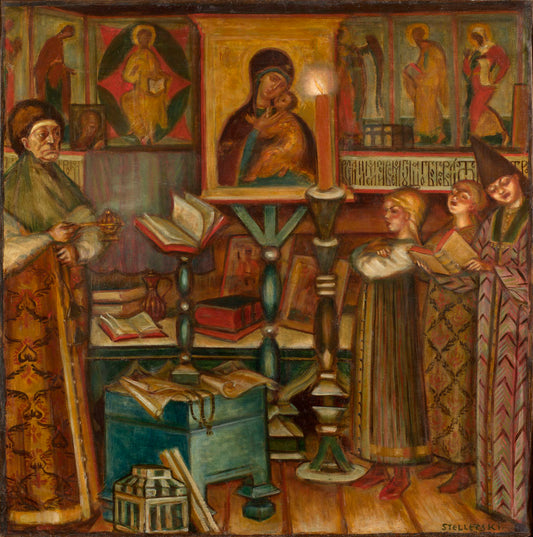 In the Chapel, vintage artwork by Dmitri Semenovitch Stelletsky, 12x8" (A4) Poster