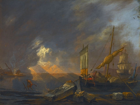 Mediterrannean Coast at Dawn with a Galliot Preparing to Unload its Cargo, vintage artwork by Lieve Verschuier, 12x8" (A4) Poster