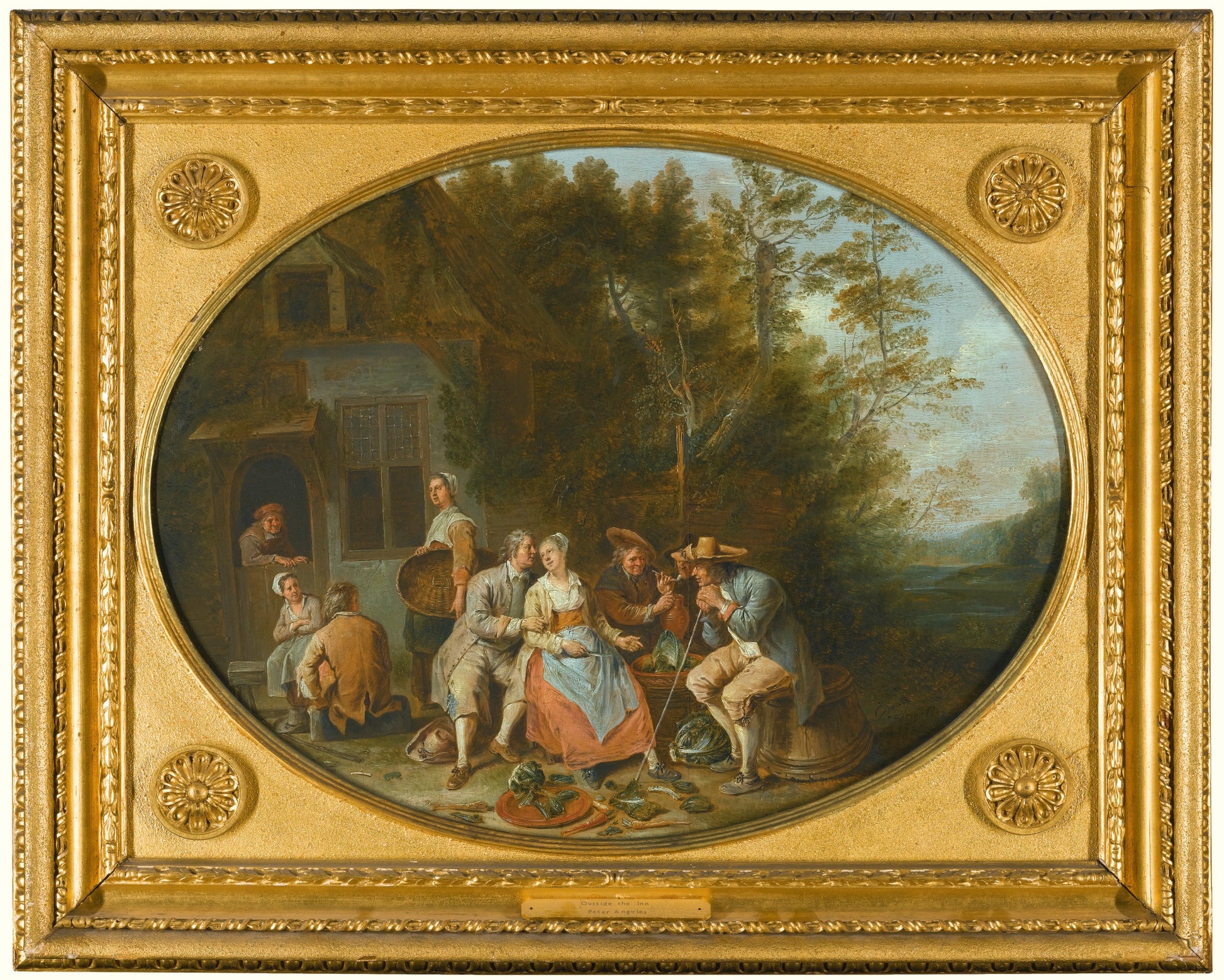 Scene Outside An Inn With a Woman Cutting Vegetables Being Accosted by  a Man, vintage artwork by Pieter Angellis, 12x8" (A4) Poster