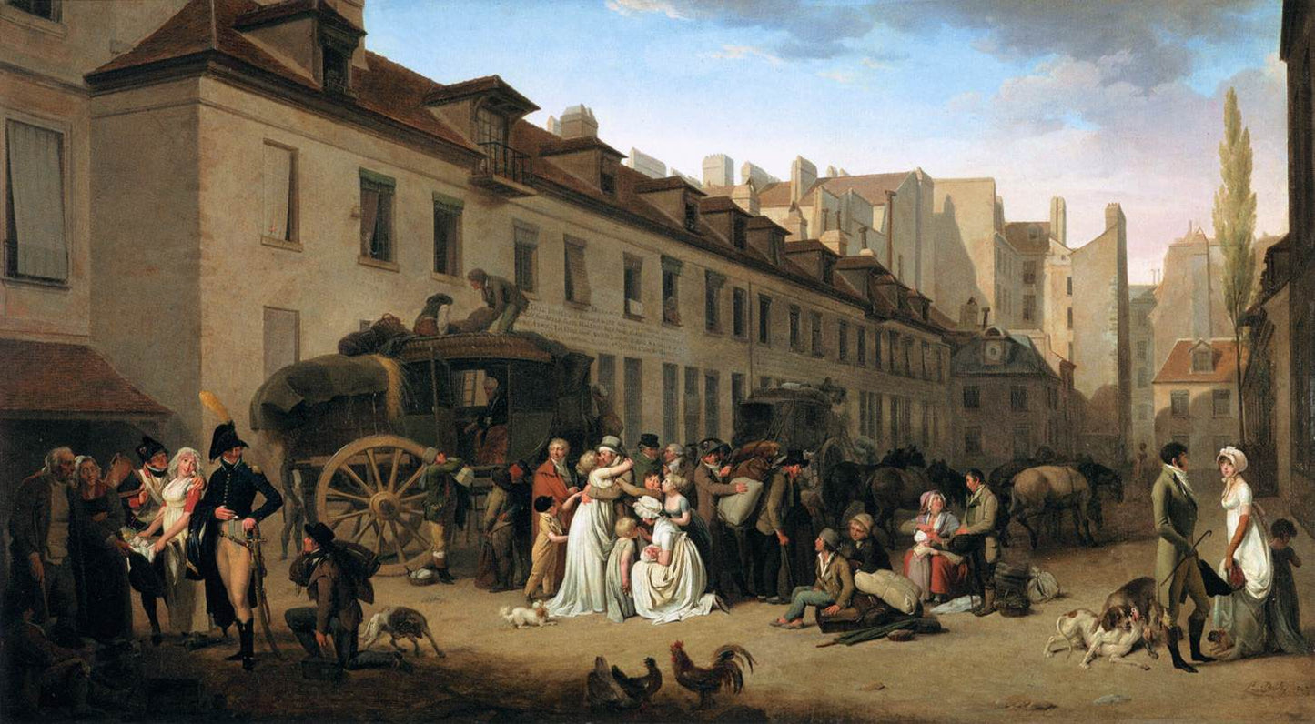 The Arrival of a Stage-coach in the Courtyard of the Messageries, vintage artwork by Louis-Leopold Boilly, 12x8" (A4) Poster