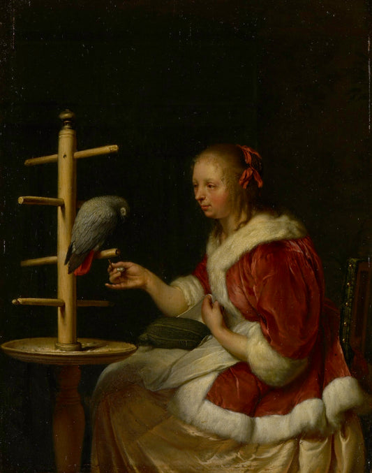 A Lady with Her Parrot, vintage artwork by Attributed to Frans van Mieris the Elder, 12x8" (A4) Poster
