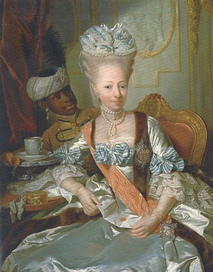 Louise Frederica of Württemberg, duchess of Mecklenburg-Schwerin, with the court's African servant Caesar, vintage artwork by Georg David Matthieu, 12x8" (A4) Poster
