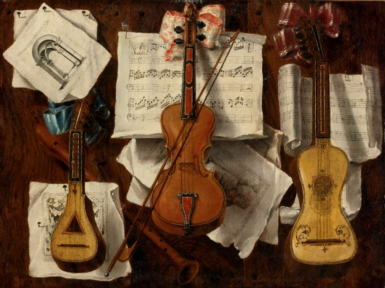 Still life of musical instruments, vintage artwork by Sebastiano Lazzari, 12x8" (A4) Poster
